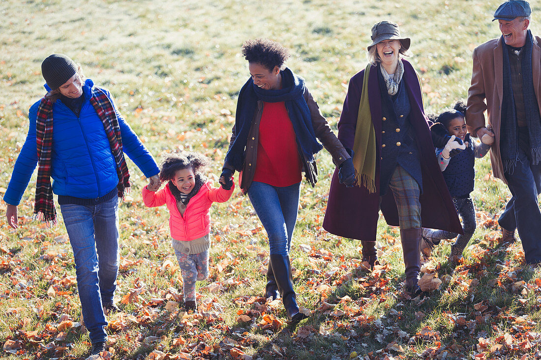 Family holding hands and walking in autumn park