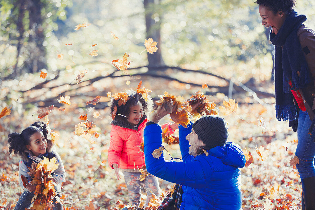 Playful father and daughters throwing leaves