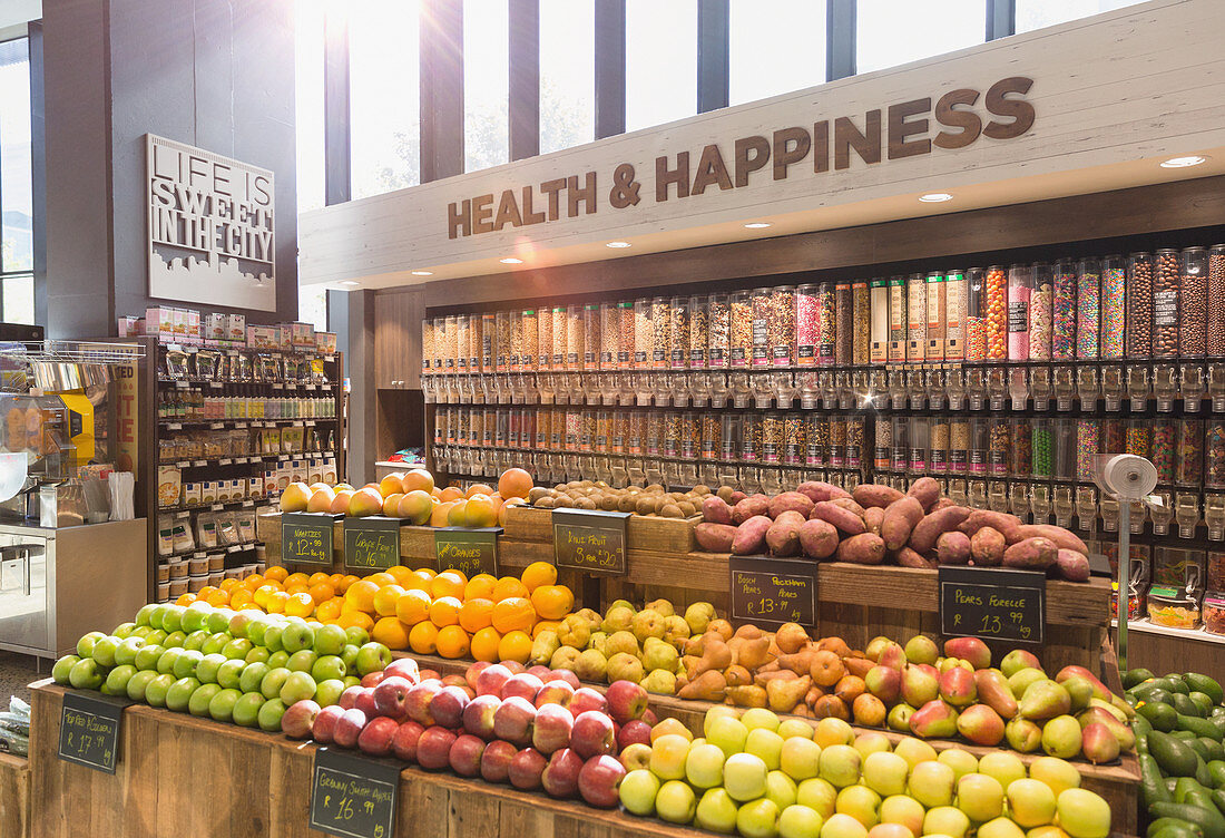 Organic fruits, vegetables in health food store