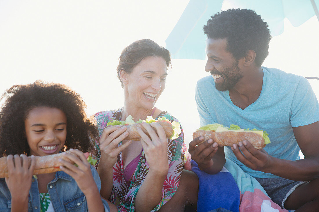 Multi-ethnic family eating baguette sandwiches