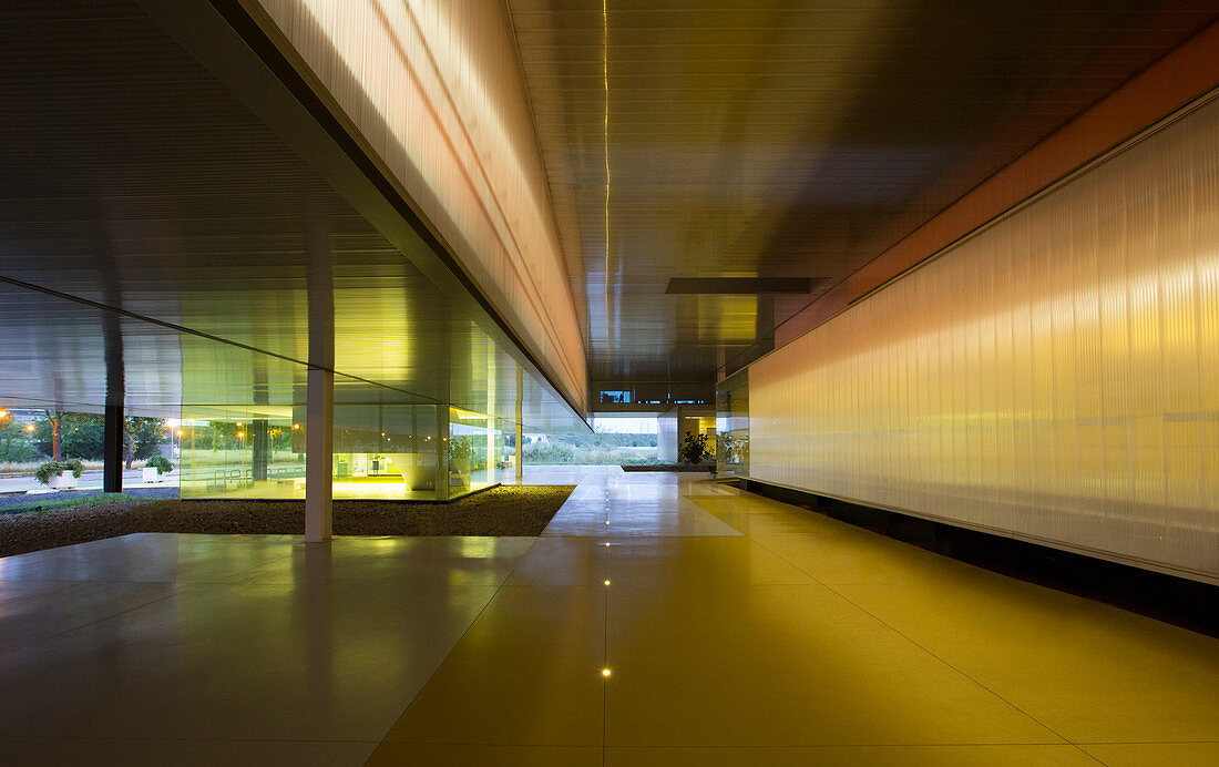 Illuminated architectural modern office lobby