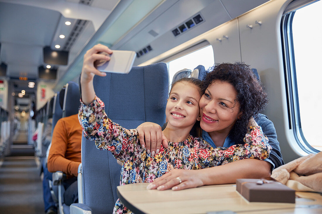 Mother and daughter taking selfie on train