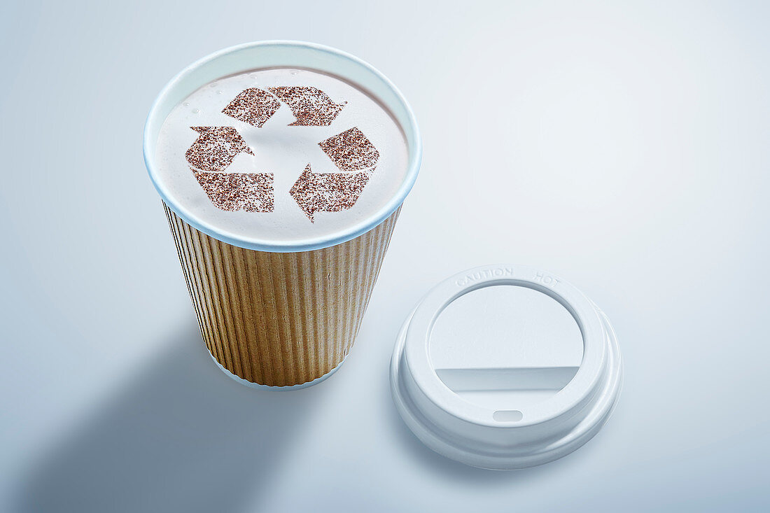 Recycle symbol in recyclable coffee cup