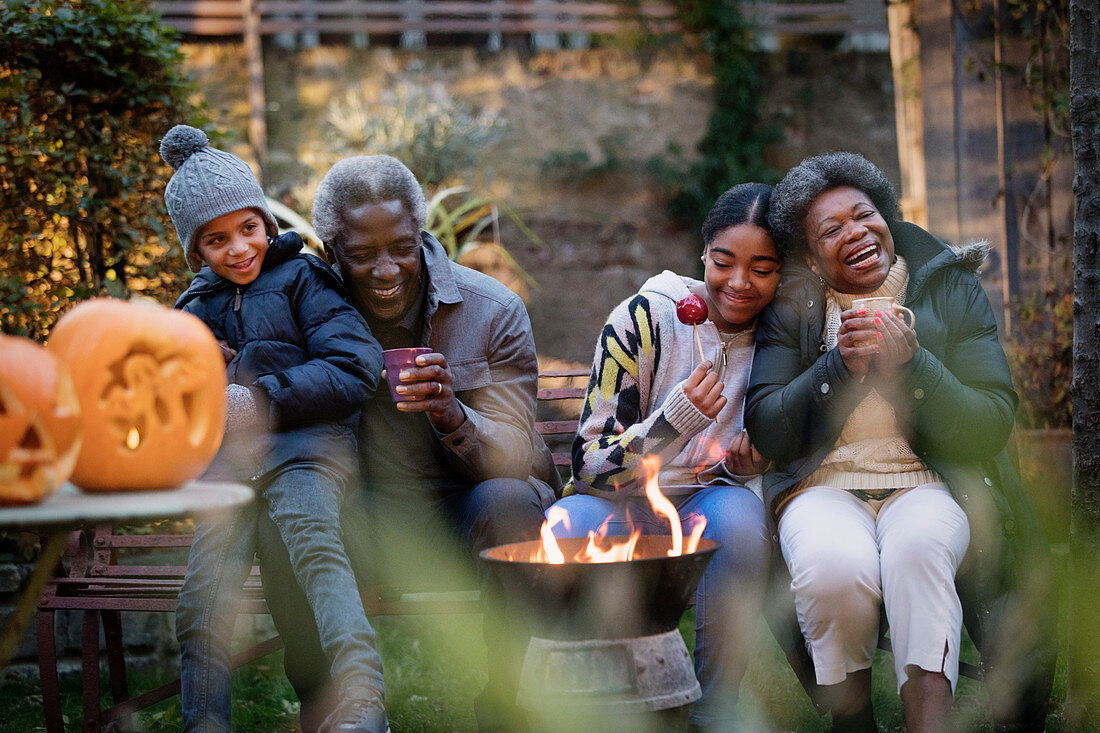 Grandparents and grandchildren enjoying campfire
