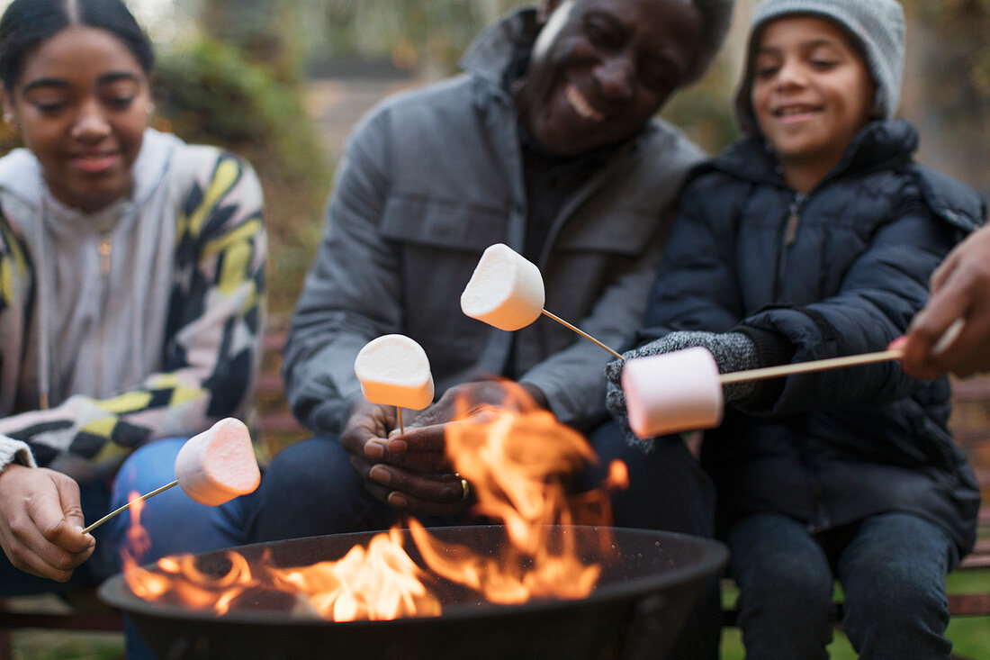 Grandfather and grandchildren roasting marshmallows