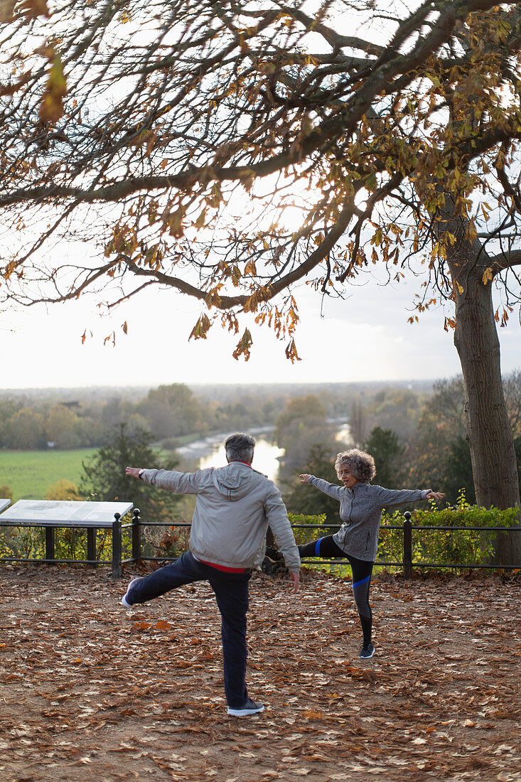 Active senior couple exercising, stretching