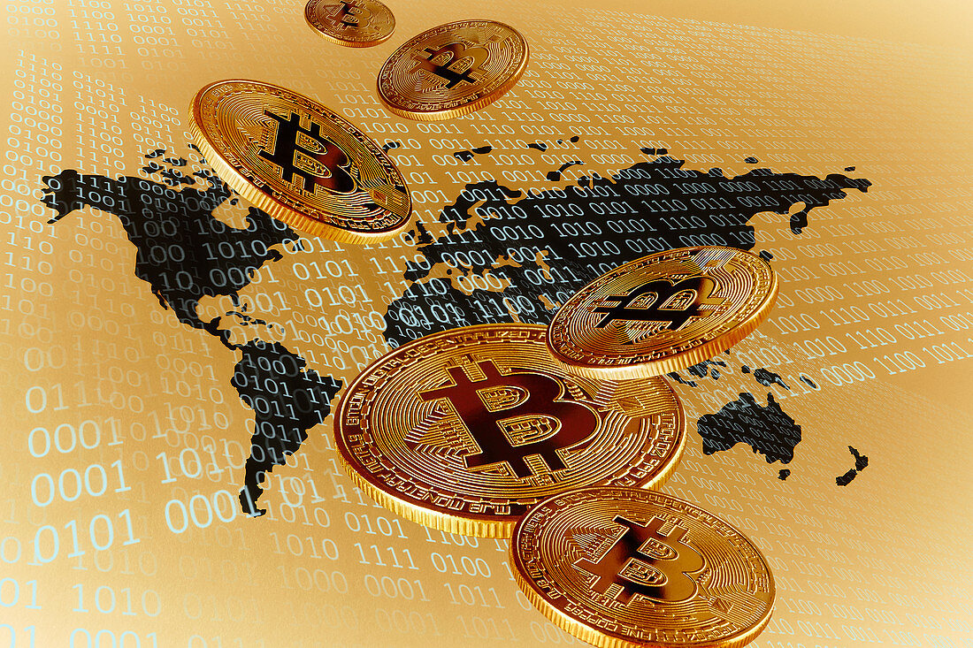 Golden Bitcoins over global map
