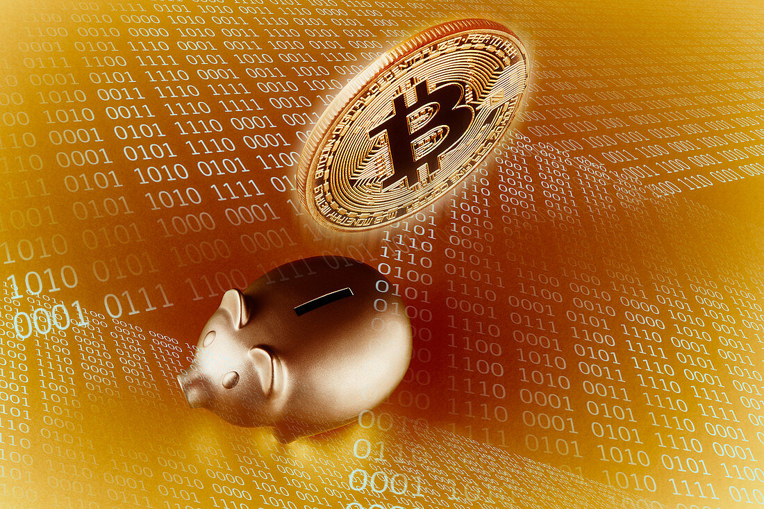 Golden Bitcoin over piggy bank