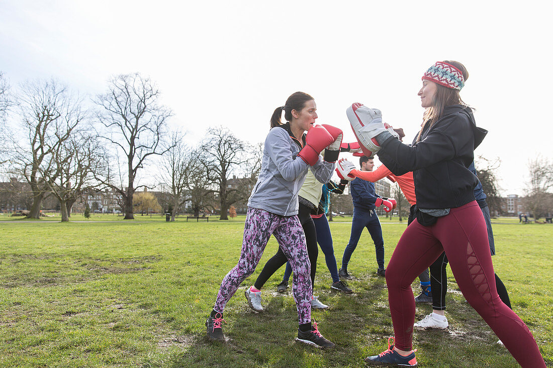Women boxing in park
