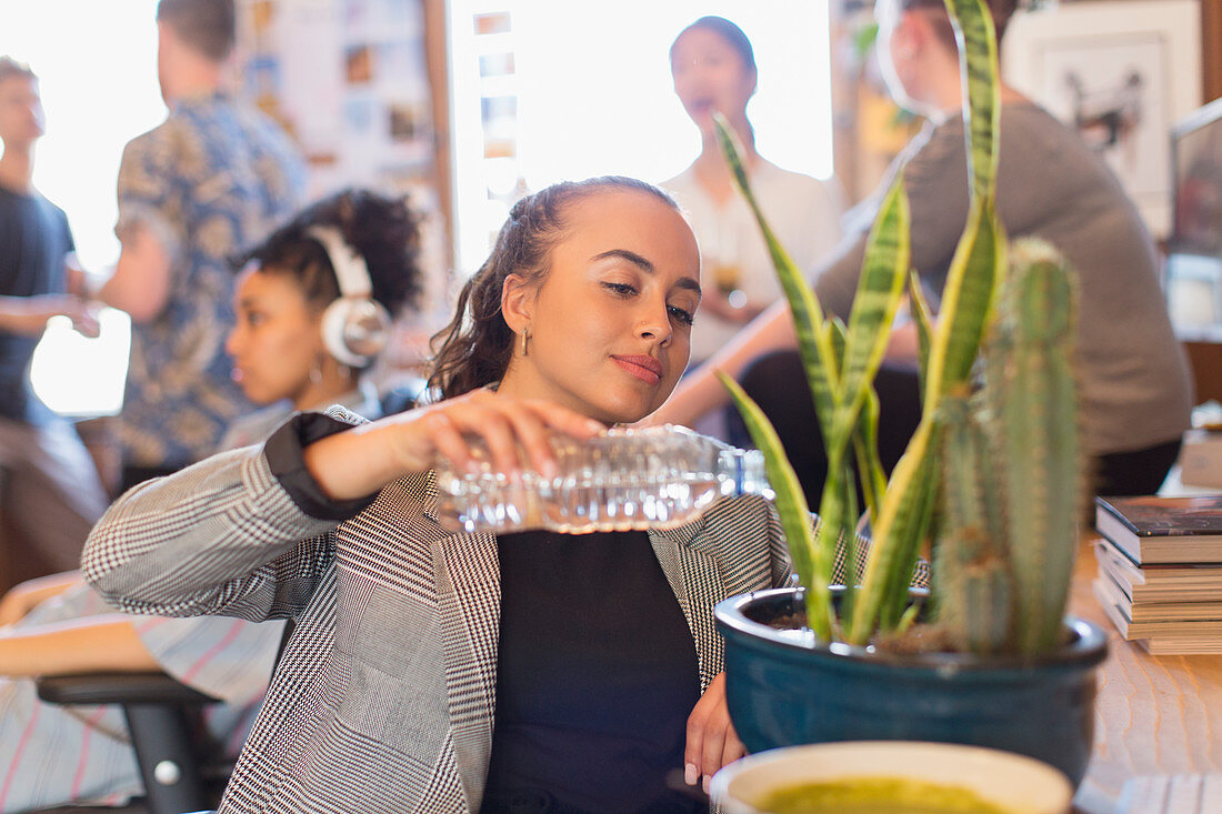 Businesswoman watering cactus plant