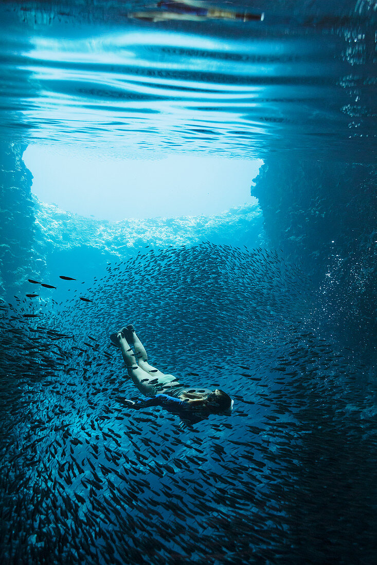 Young woman snorkelling among schools of fish