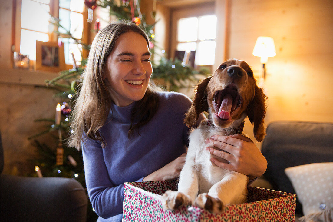 Happy girl with yawning dog in Christmas gift box