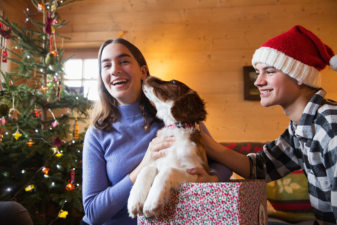 Brother and sister with dog in Christmas gift box