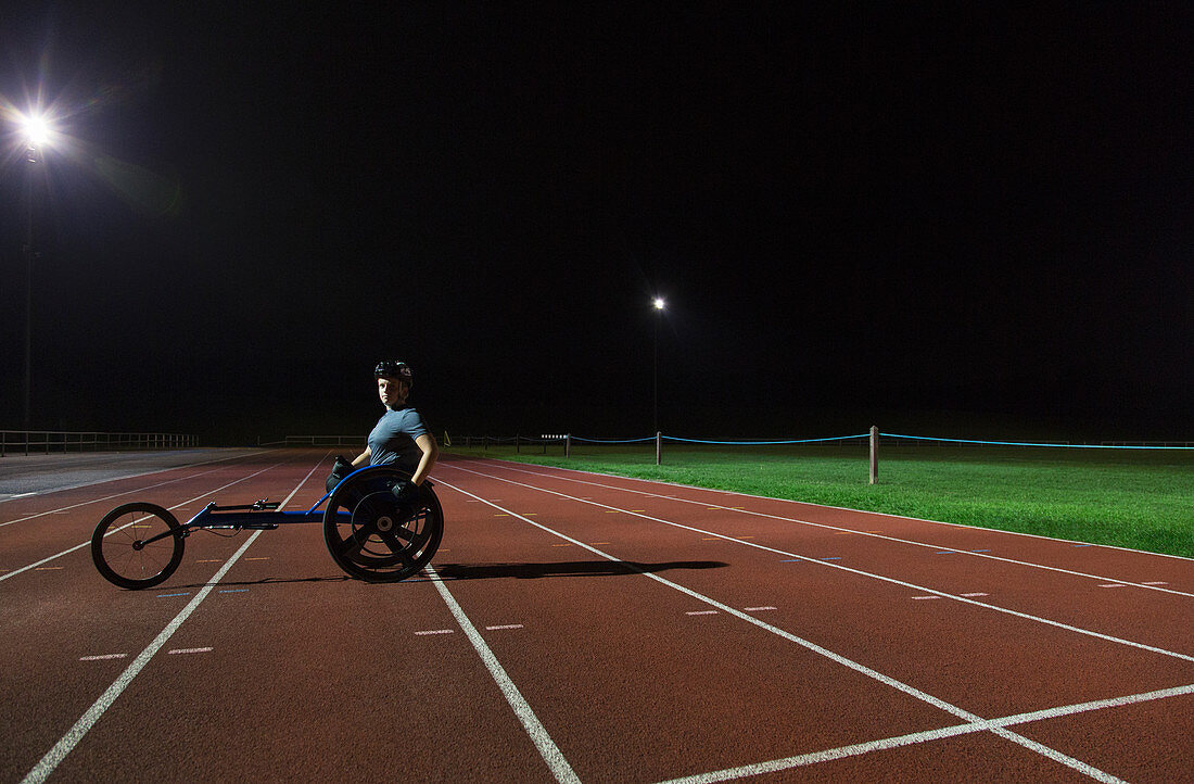 Portrait paraplegic athlete training for wheelchair race