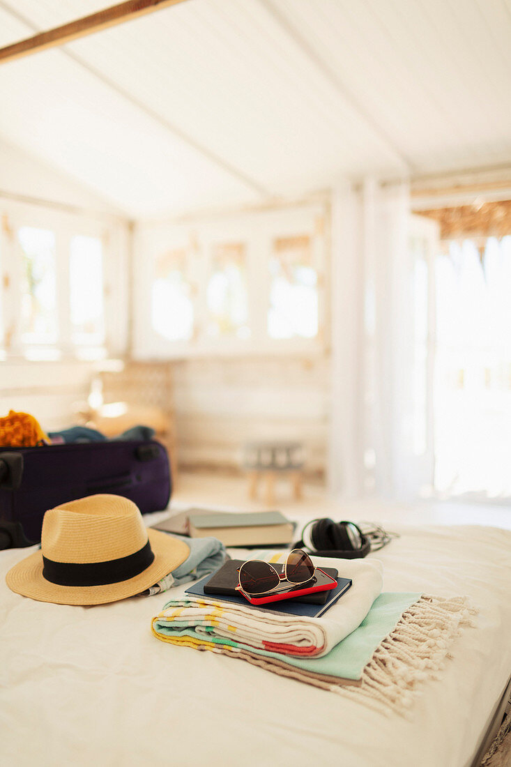 Suitcase, sun hat, sunglasses and book on beach hut bed