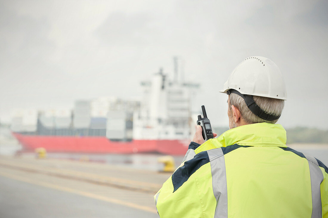 Dock manager watching container ship at commercial dock