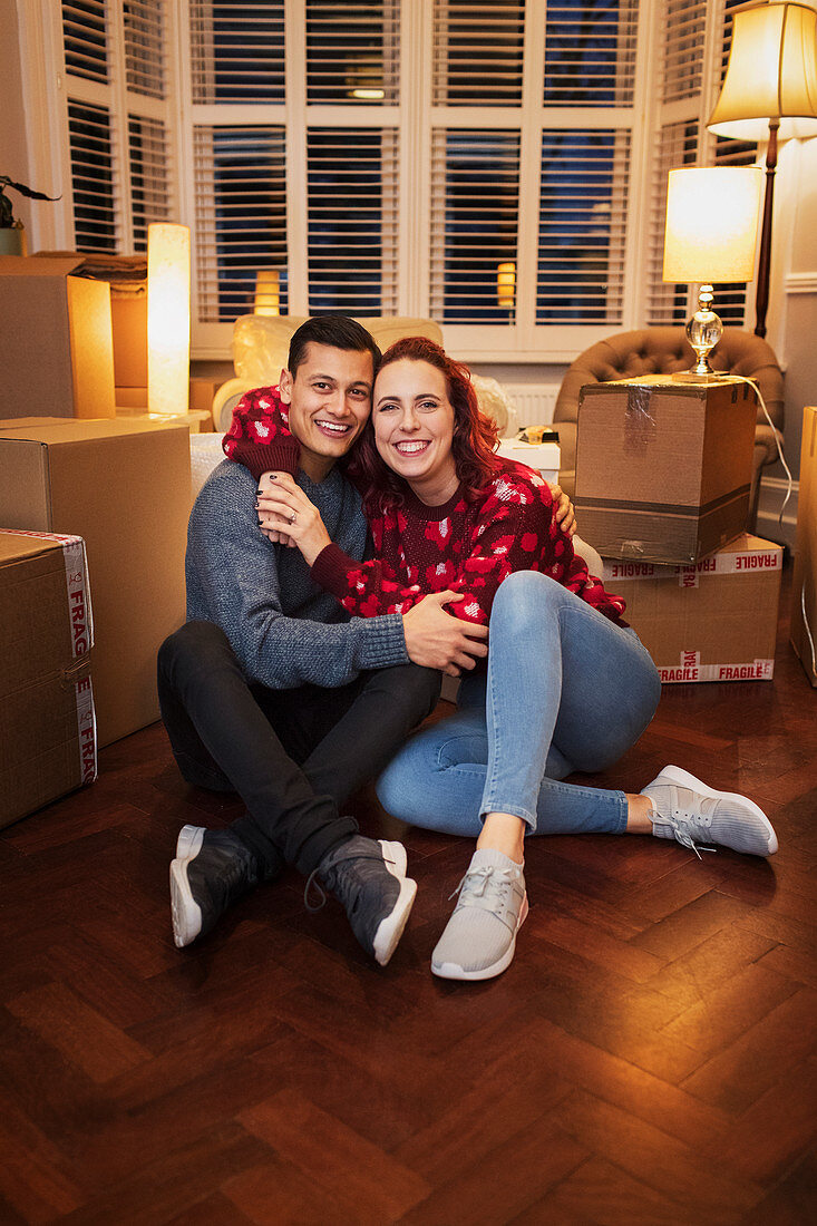 Portrait happy, couple moving house