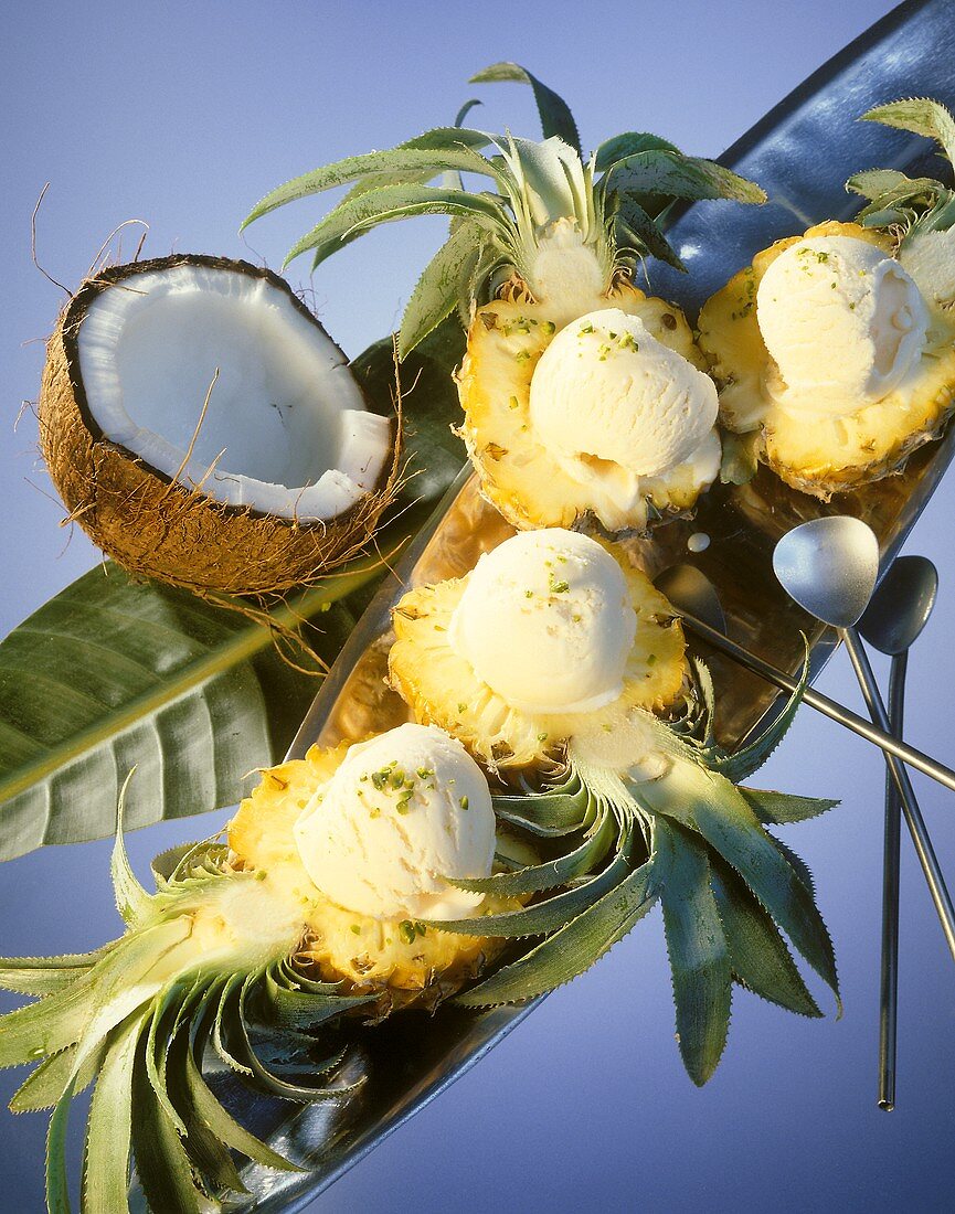 Coconut ice cream in baby pineapple halves