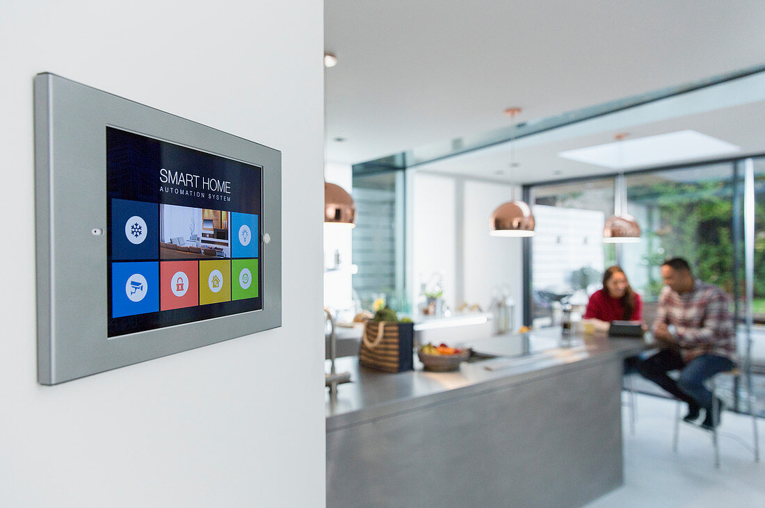 Smart home navigation system touch screen on kitchen wall
