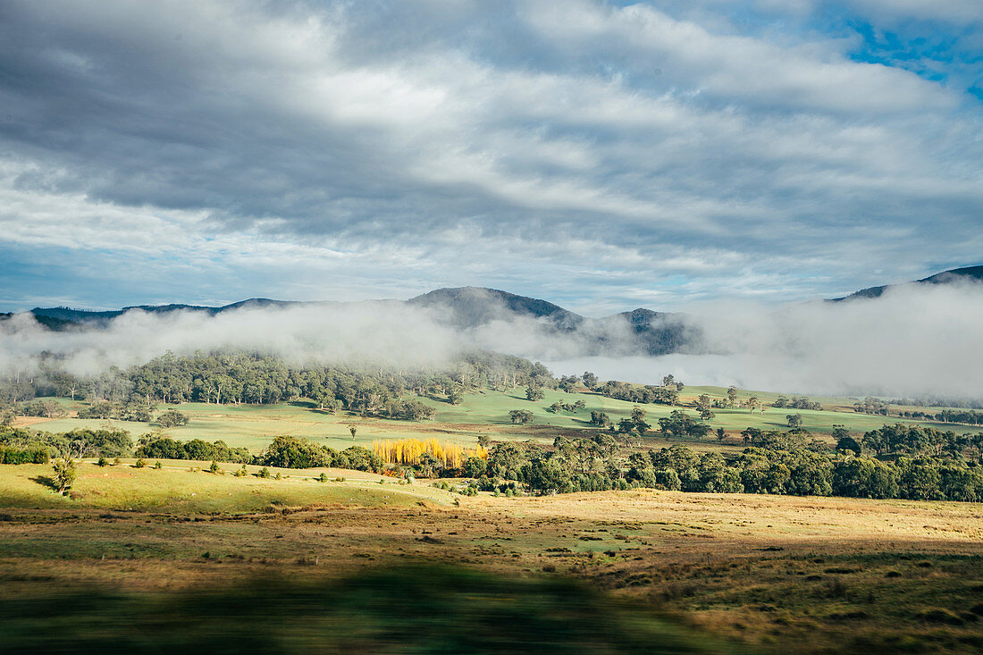 View sunny autumn landscape and fog Australia