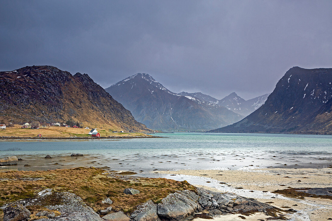 View mountains and ocean Flakstadpollen Lofoten Norway