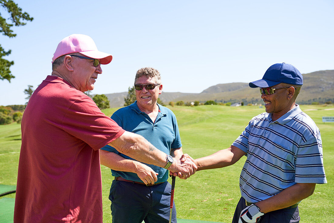 Male golfers shaking hands on sunny golf course