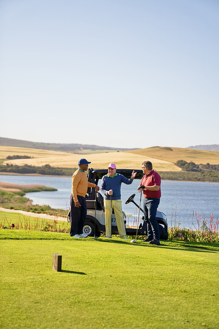 Male golfer friends talking at sunny lakeside golf course