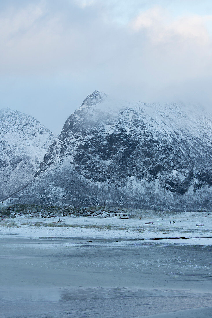 Snow covered mountain landscape Skagsanden Lofoten Norway