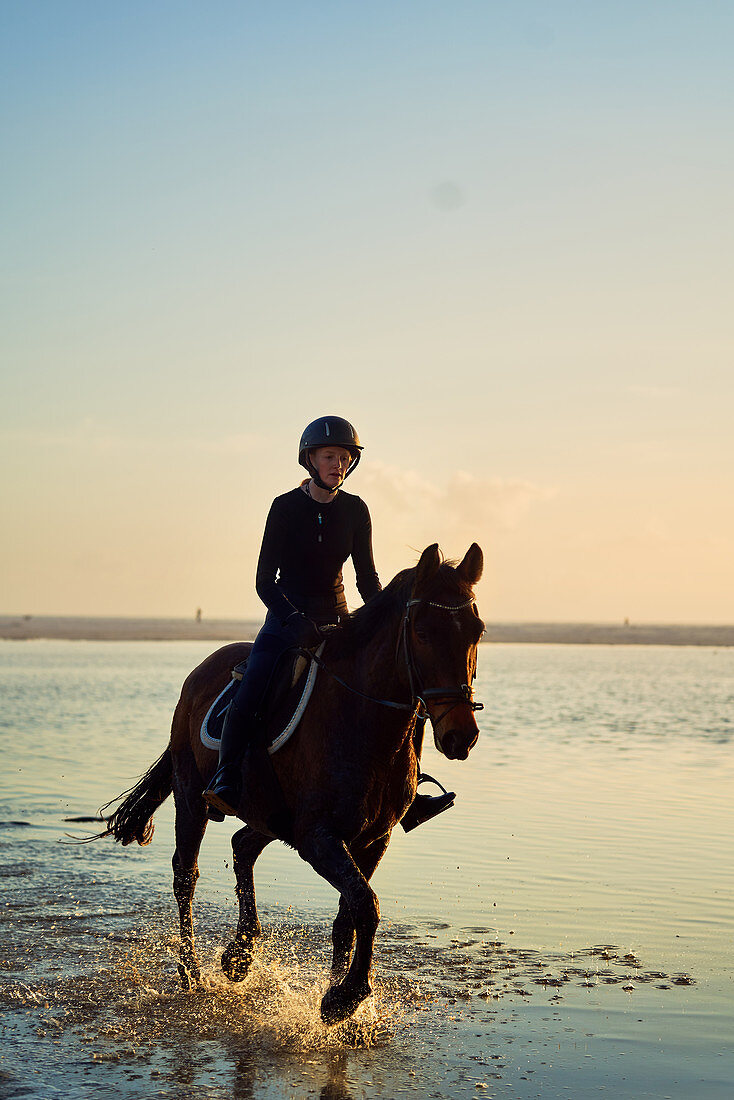Young woman horseback riding in ocean surf