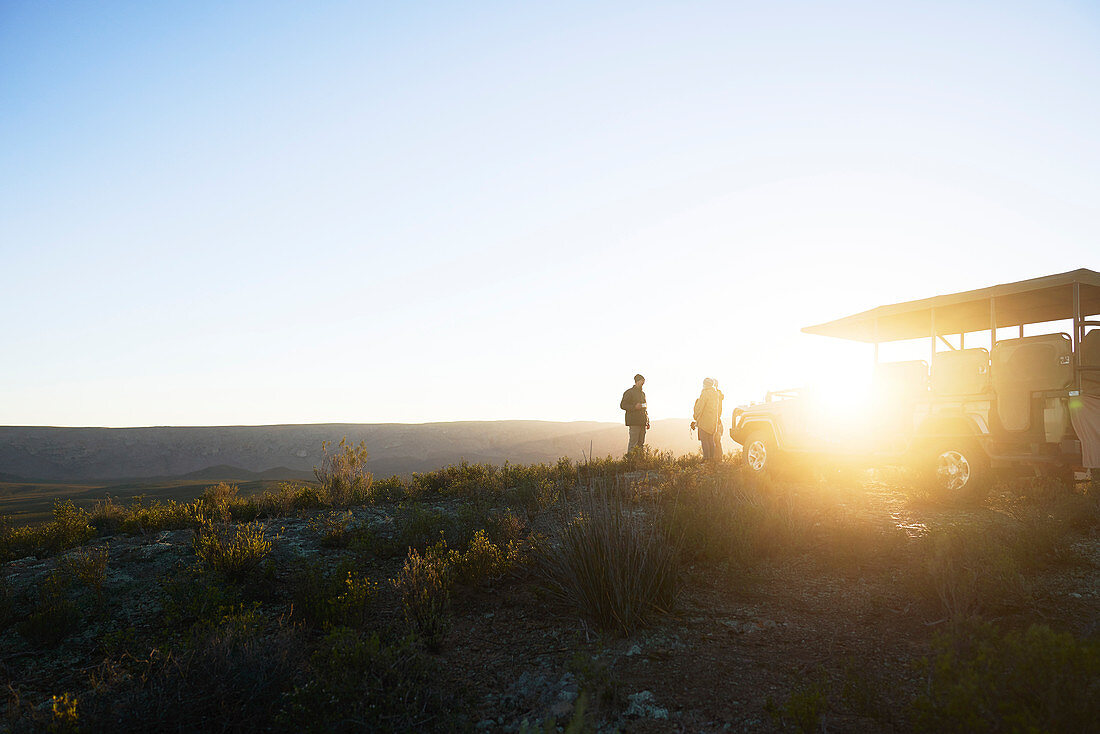 Safari tour group on sunny hill at sunrise South Africa