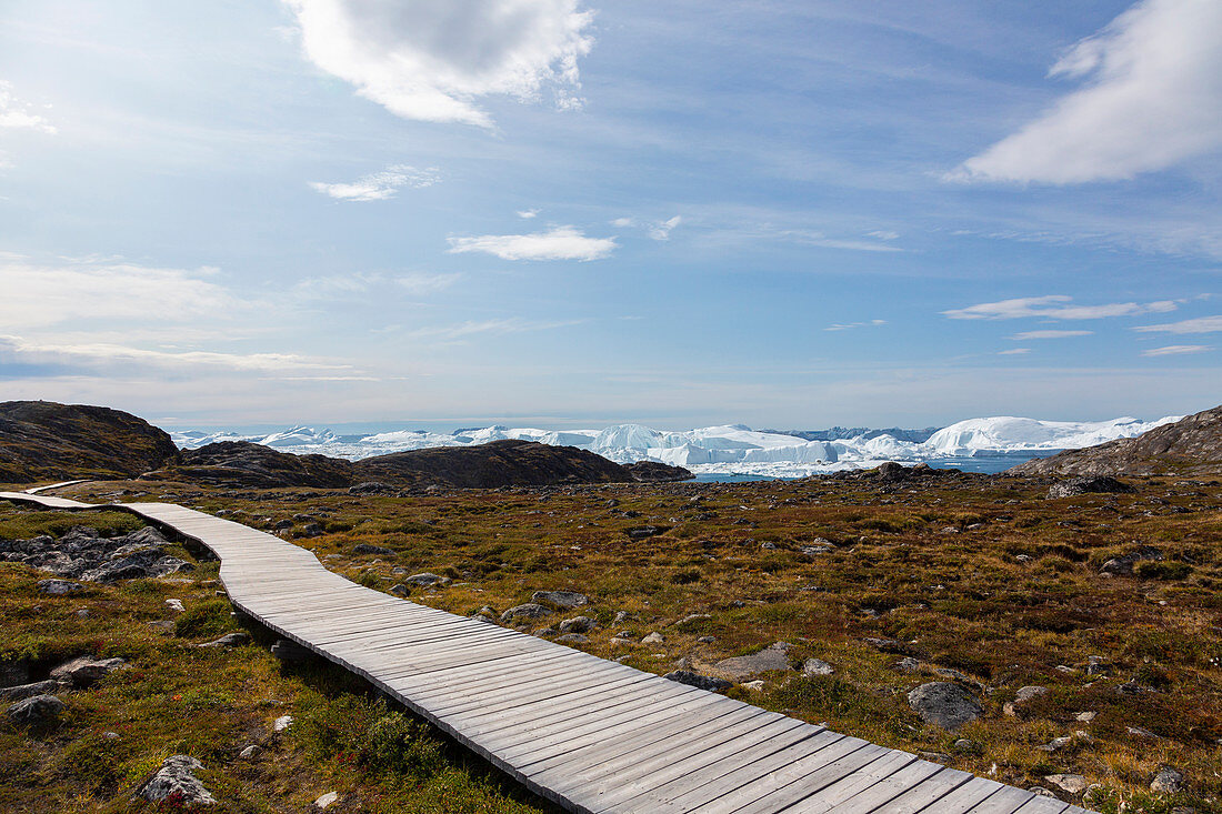 Footpath leading toward icebergs on remote coastline