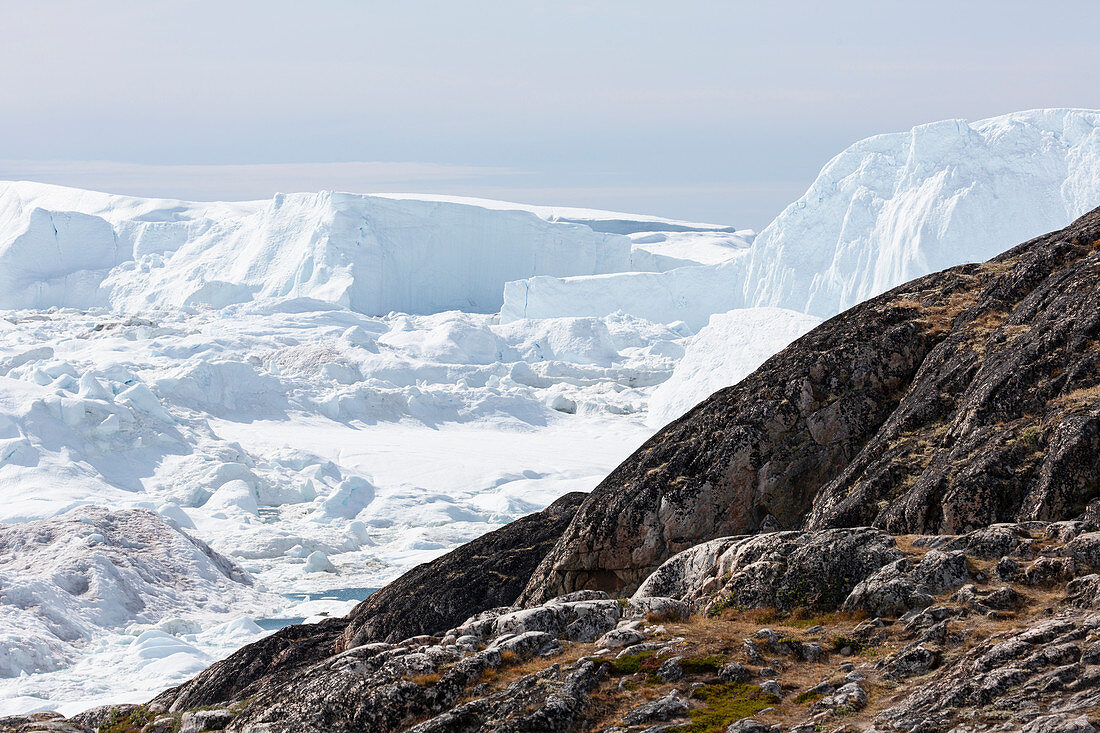 Polar icebergs beyond rocks Greenland