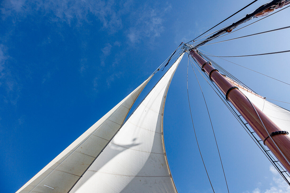 Sailboat sail and mast under blue sky