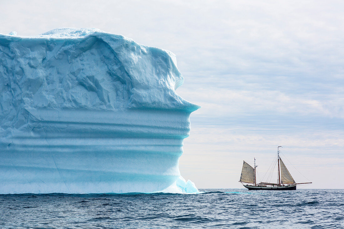 Ship sailing past iceberg on Atlantic Ocean Greenland