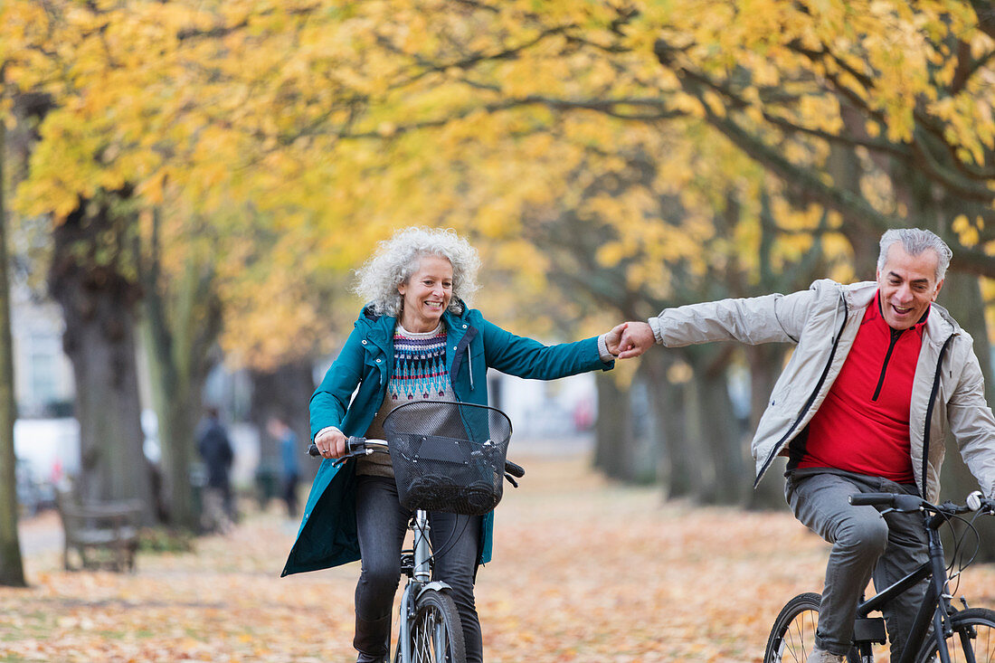 Senior couple holding hands, bike riding in autumn park