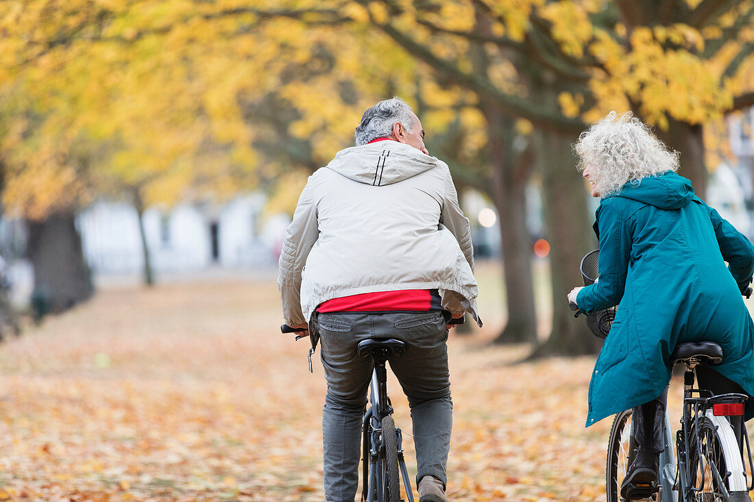 Senior couple bike riding among trees and leaves in autumn