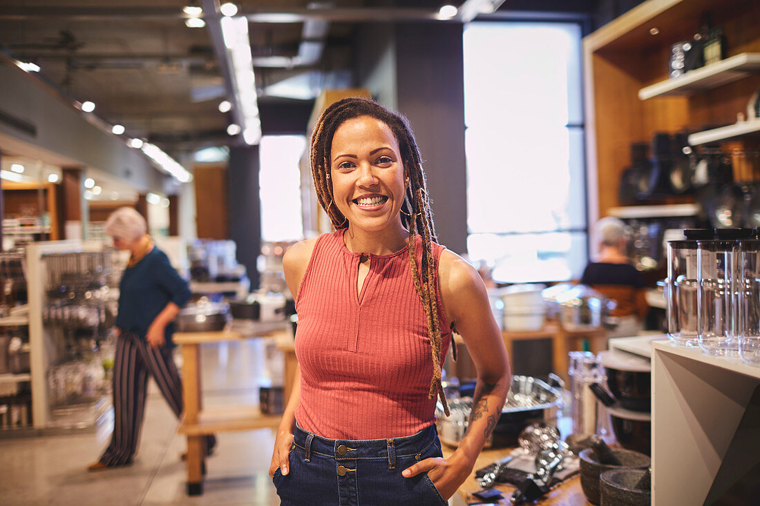Portrait confident woman shopping in home goods store