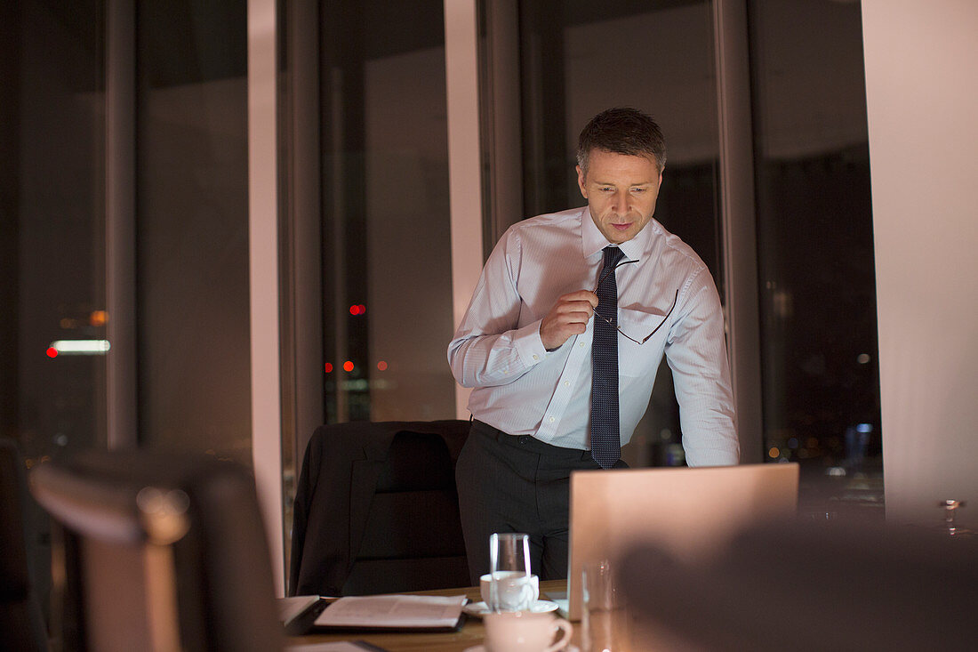 Businessman working late in office