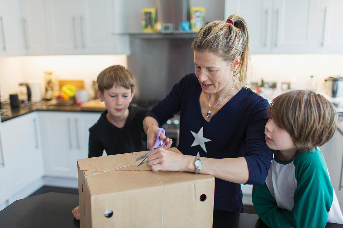 Mother and sons opening package in kitchen