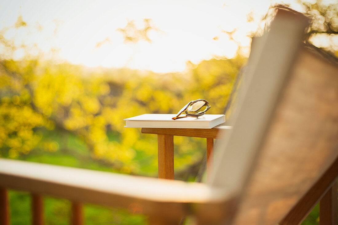 Book and eyeglasses on lawn chair in sunny garden
