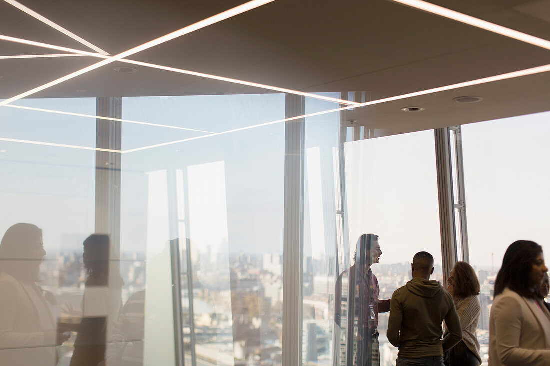 Business people talking in highrise office