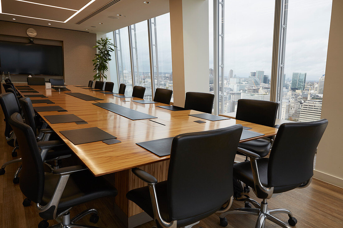 Modern conference room table overlooking city