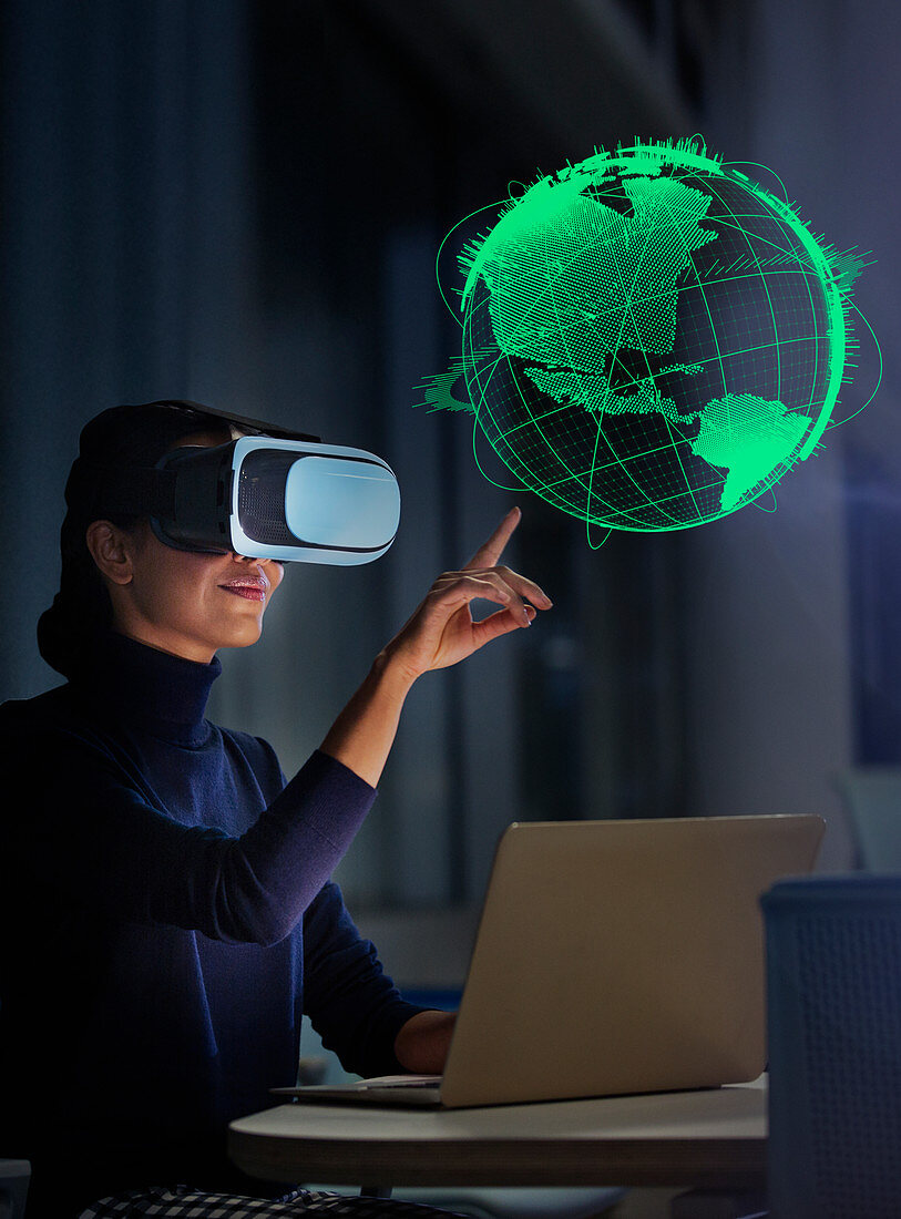 Businesswoman with VR glasses touching globe