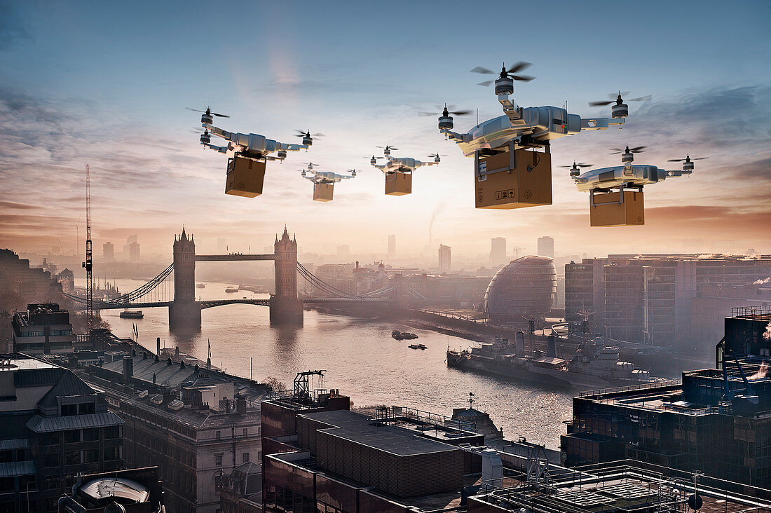 Futuristic drones delivering packages, London, UK