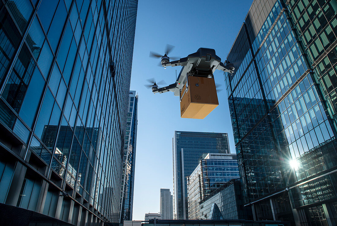 Drone delivering packages, London, UK