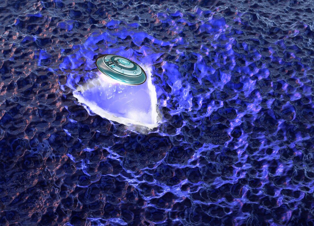 UFO emerging from sea, illustration