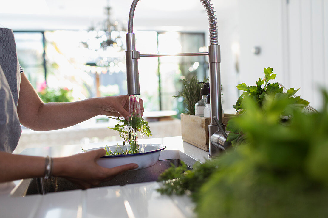 Woman washing fresh herbs at kitchen sink