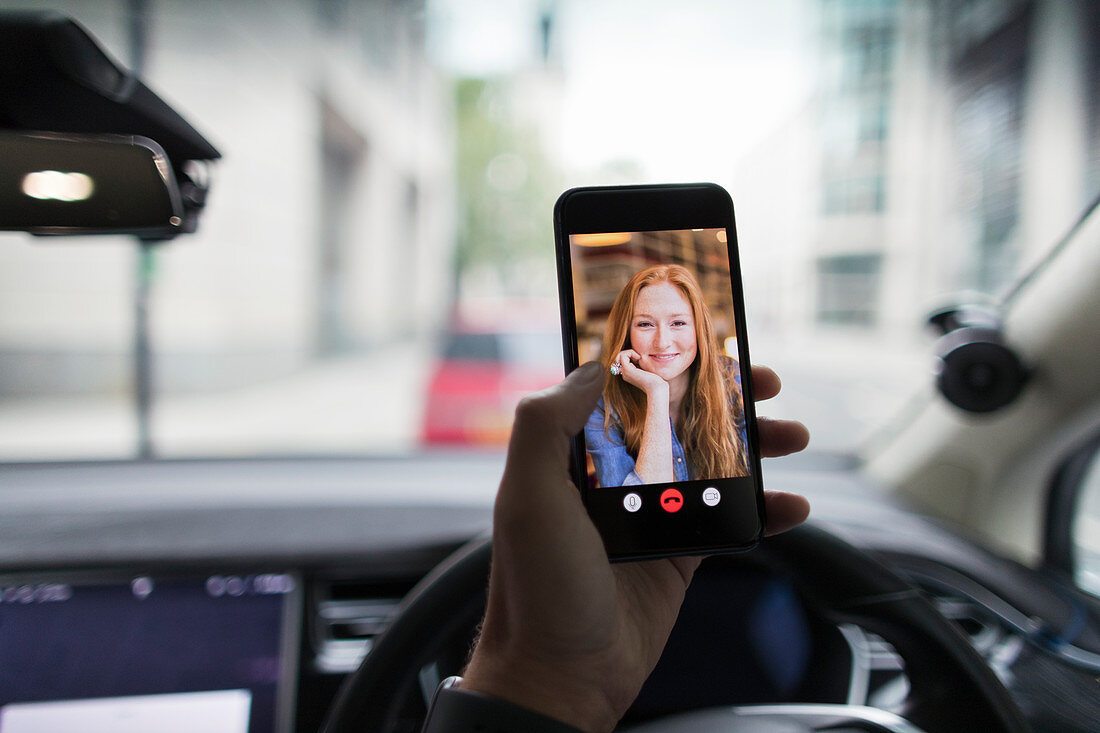 Point of view Woman video chatting in car