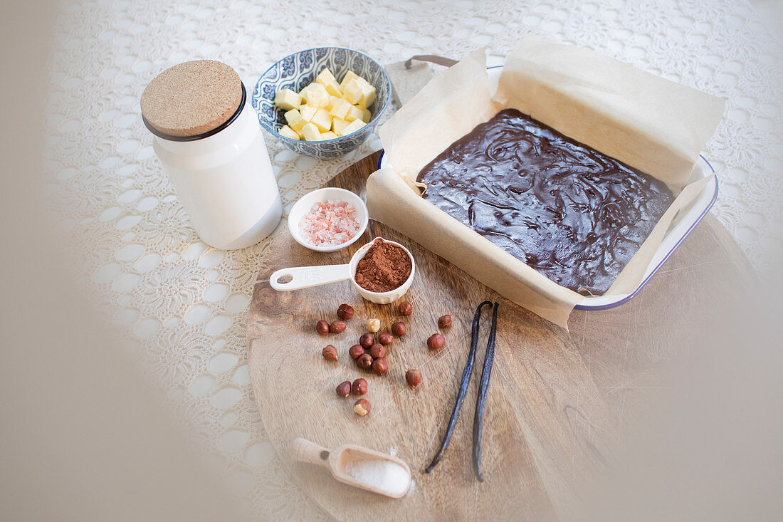Brownie baking ingredients and batter