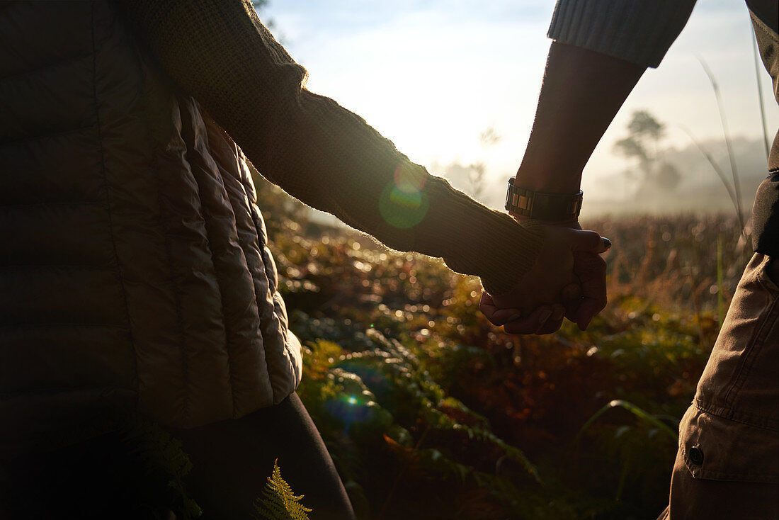 Couple holding hands on hike in nature